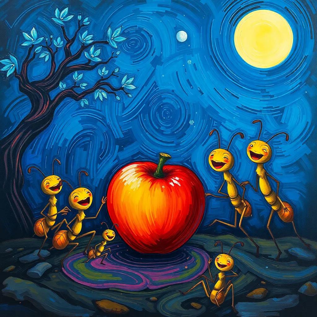 A nighttime scene of happy ants singing under the moonlight, with a fully eaten apple in the center, celebrating friendship, whimsical style, colorful, high quality