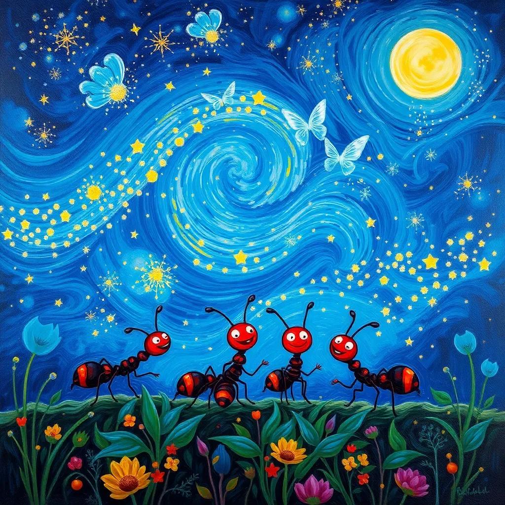 Nightsky sparkling with stars and a moon shining over the happy ants, showcasing their friendship and dreams, magical atmosphere, colorful art, inviting