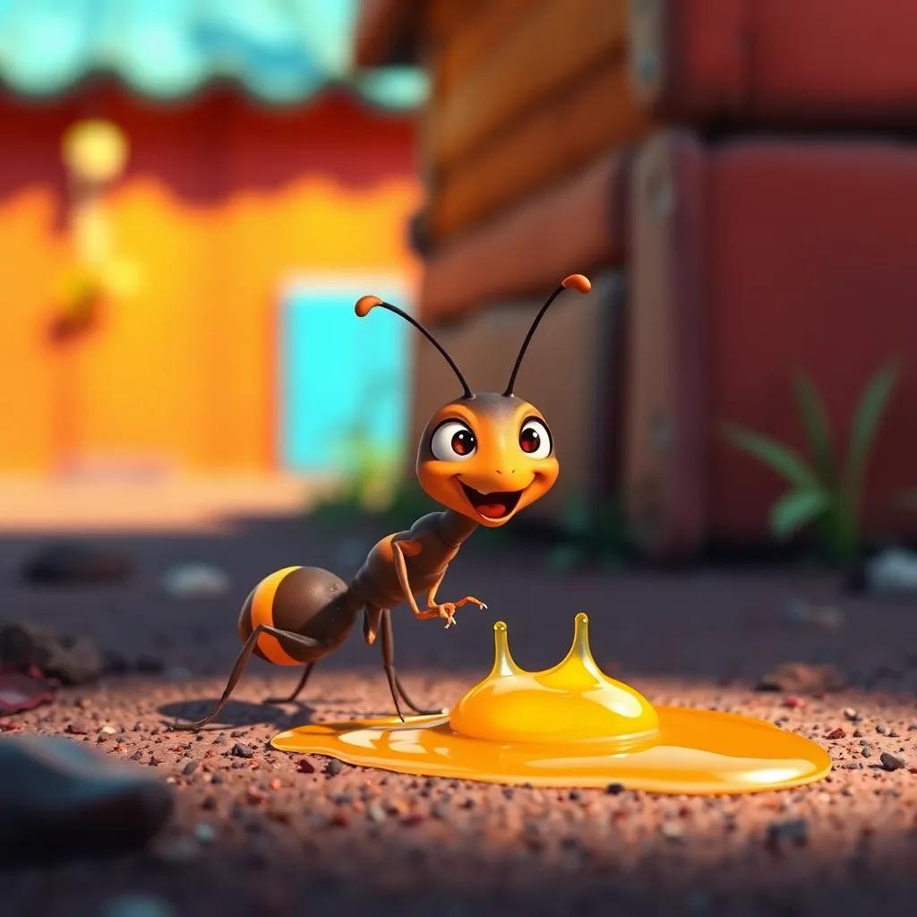 A small ant tasting a drop of honey on the ground, bright and colorful scene, cheerful atmosphere, close-up of the ant with a happy expression, cartoon-style, playful, vibrant colors, high quality