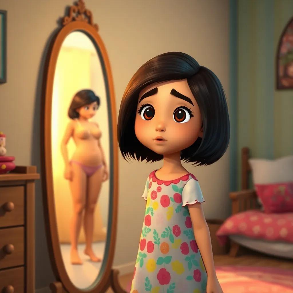 A young Arab girl, Amal, with shoulder-length dark hair, wearing a colorful dress, looking surprised in front of a mirror reflecting her changing body, in a cozy bedroom, soft light, warm colors, inviting atmosphere, child-friendly, high quality