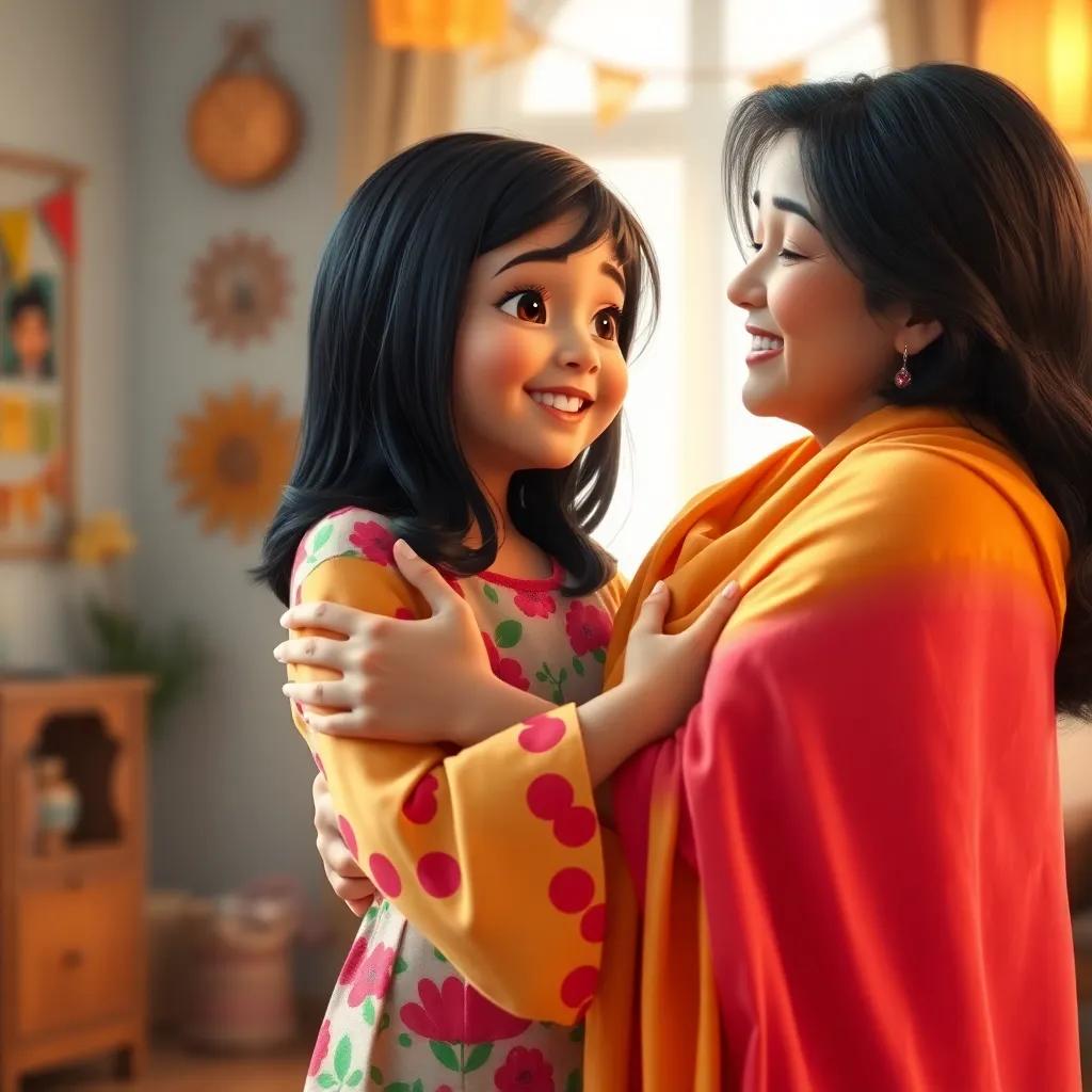 Amal, a young Arab girl with shoulder-length dark hair in a colorful dress, hugging her mother who has long dark hair and wearing a bright scarf, standing in a bright room with cheerful decorations, sharing a loving moment, warm light, uplifting, family joy, high quality
