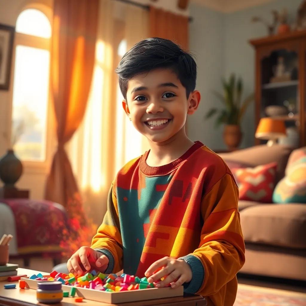 A sunny day, a young Arab boy named Sami with short dark hair, wearing colorful clothes, playing with rainbow colors and happy expressions in a cozy living room, soft lighting, warm colors, inviting atmosphere, digital art, high quality