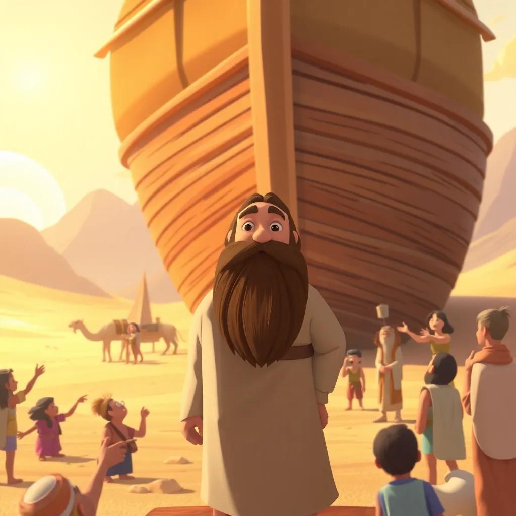 Noah, a kind prophet with a long beard, building a large ship in a desert, surrounded by people laughing and pointing, noon light, warm colors, wide perspective, storytelling feel, child-friendly, digital painting