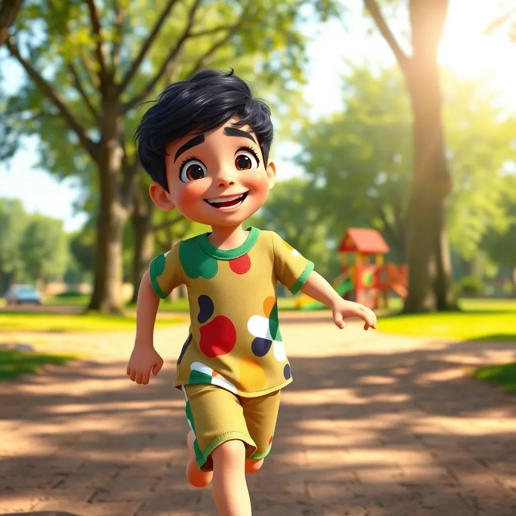 A young Arab boy, Noah, with dark hair, wearing a colorful t-shirt and shorts, running in a park with trees and a playground in the background, cheerful expression, bright sunlight, vibrant colors, joyful atmosphere, high quality