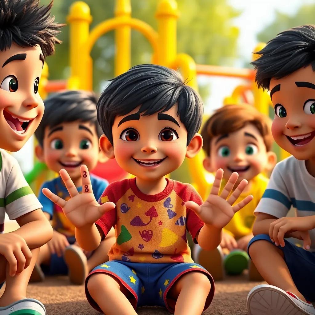 Noah, a young Arab boy with dark hair in a colorful t-shirt and shorts, sitting with friends, counting numbers on his fingers, with a colorful playground behind them, happy expressions, playful scenes, child-friendly, high quality