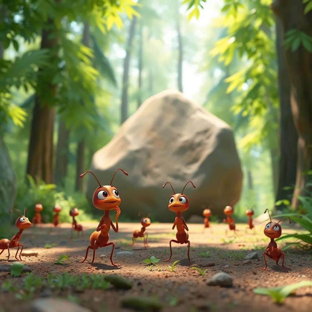 A group of small ants, a smart ant named Nora at the front, looking determined and thinking in a lush green forest with tall trees, a massive stone blocking their path, bright sunlight filtering through the leaves, digital art, vibrant colors, cheerful atmosphere, high quality
