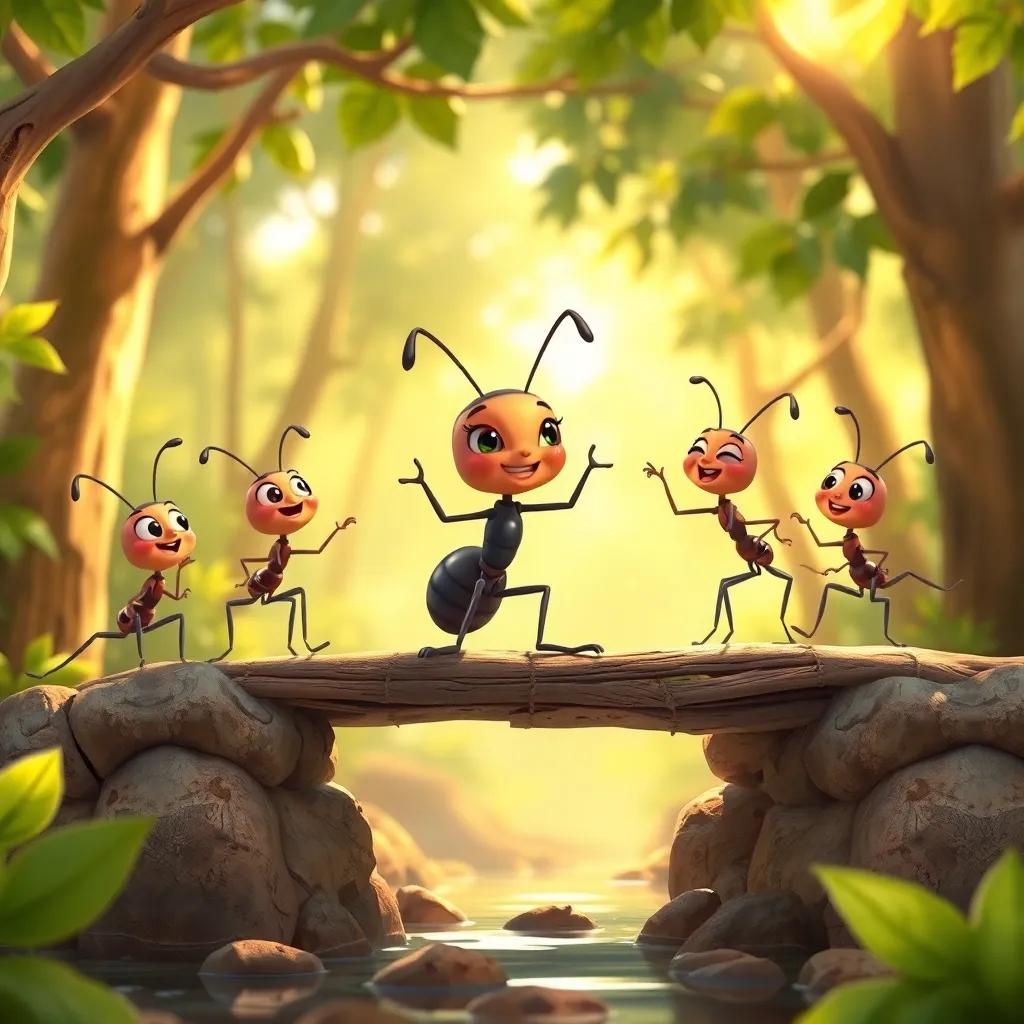 Nora, the smart ant, leading the other ants in building a bridge from leaves and sticks to cross the obstacle, expressions of excitement and teamwork on their faces, warm sunlight shining through the trees creating a bright and welcoming scene, illustration, animated style, lively and engaging, high quality