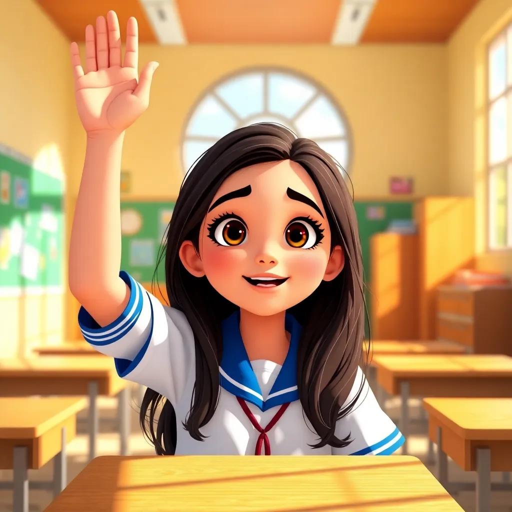 A sunny classroom with a young Arab girl, Nora, with long dark hair and wearing a school uniform, raising her hand eagerly, looking excited and curious, digital art, bright colors, inviting atmosphere, high quality