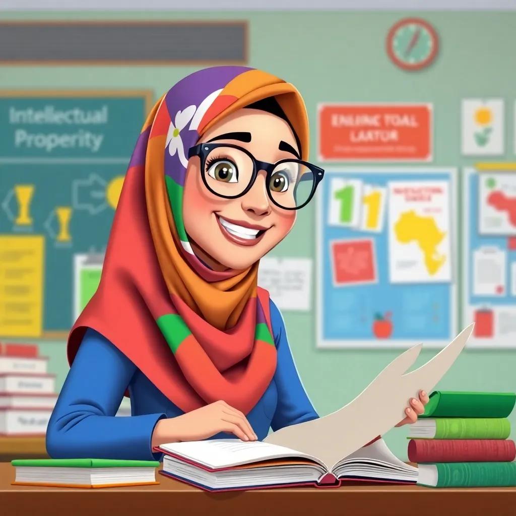 A cheerful teacher, an Arab woman in her thirties, wearing a colorful hijab and glasses, explaining intellectual property to her students, colorful classroom background with books and educational posters, illustration, engaging, friendly