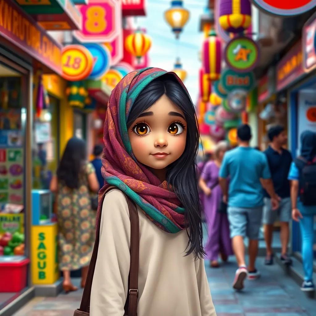 A young Arab girl, Noura, with long, dark hair wearing a colorful hijab, walking on a busy sidewalk surrounded by colorful shops and people, cheerful atmosphere, vibrant street scene, digital art, lively colors, high quality