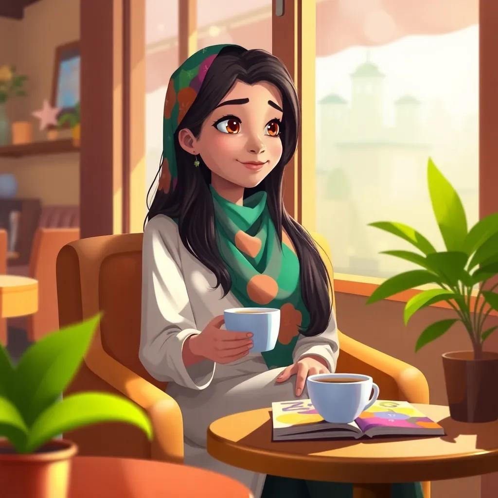 Noura, a young Arab girl, with long, dark hair wearing a colorful hijab, sitting in a cozy cafe on a comfortable chair, looking out the window with a cup of coffee and a colorful book on the table, warm light, inviting interior, tranquil scene, digital painting, charming, quiet ambiance, high quality