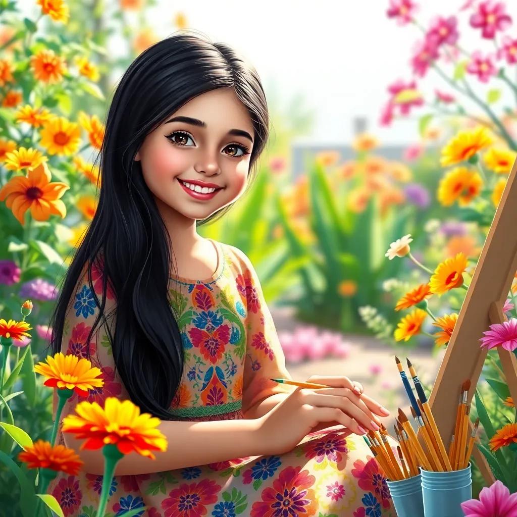 A young Arab girl, نورا, with long dark hair, wearing a colorful dress, sitting in a garden with bright flowers and art supplies, smiling as she paints, digital art, vibrant colors, warm sunlight, cheerful atmosphere, high quality