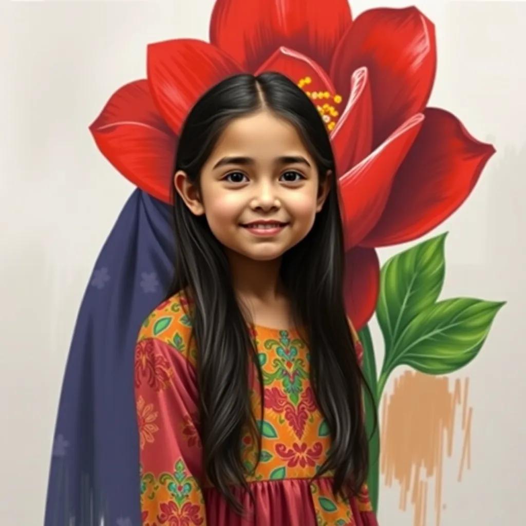 Nورا, a young Arab girl with long dark hair, wearing a colorful dress, standing proudly in front of her painted red flower, with green leaves added, her mother smiling in the background, digital painting, bright colors, joyful, artful view, high quality