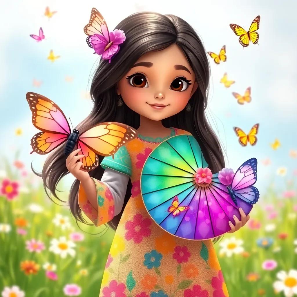 A young Arab girl, نورا, with long, dark hair, wearing a colorful dress, standing in a bright meadow with butterflies and flowers around her, holding a magical fan with vibrant colors, cheerful atmosphere, high quality