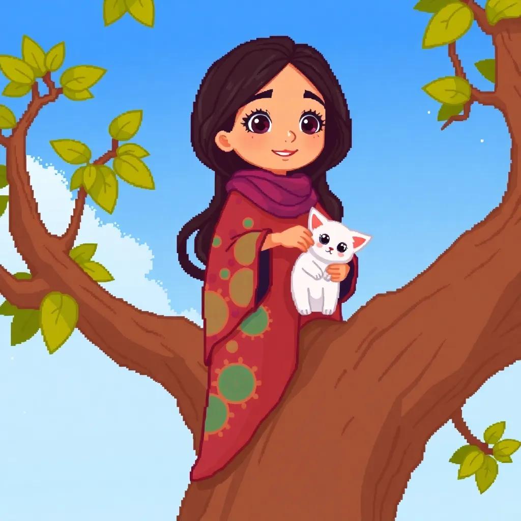 A young Arab girl, Nora, with long, dark hair, wearing a colorful abaya, climbing a tree to rescue a tiny white cat, under a blue sky, illustration, cheerful, vibrant colors, child-friendly