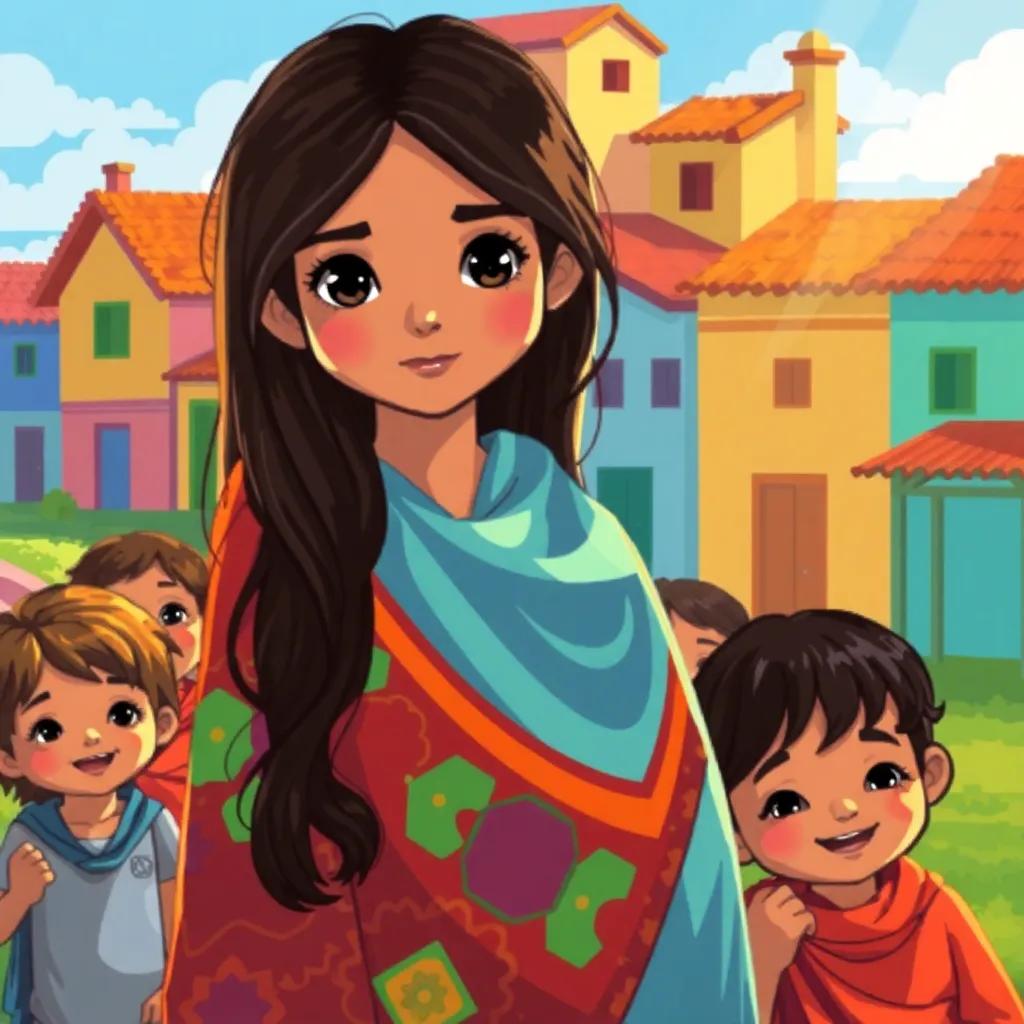 Nora, a young Arab girl with long, dark hair in a colorful abaya, surrounded by joyful children in a village, colorful houses in the background, sunlight illuminating their faces, digital painting, heartwarming, telling a story, rich colors