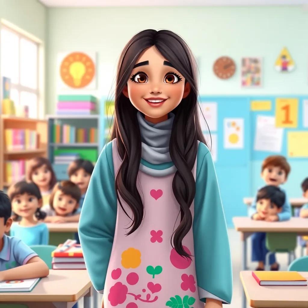 A beautiful young Arabic girl, Noura, with long dark hair wearing a colorful abaya, joyfully greeting her teacher in a bright classroom filled with colorful books and happy students, digital art, vibrant colors, cheerful atmosphere, high quality