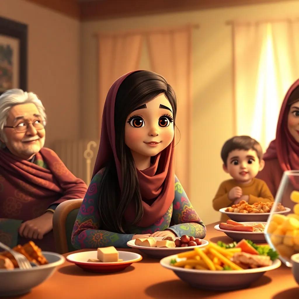 Noura, a beautiful young Arabic girl with long dark hair in a colorful abaya, sitting at a table with her grandmother, little brother, and mother during a lunch gathering with delicious food, warm light, family atmosphere, heartwarming scene, high quality