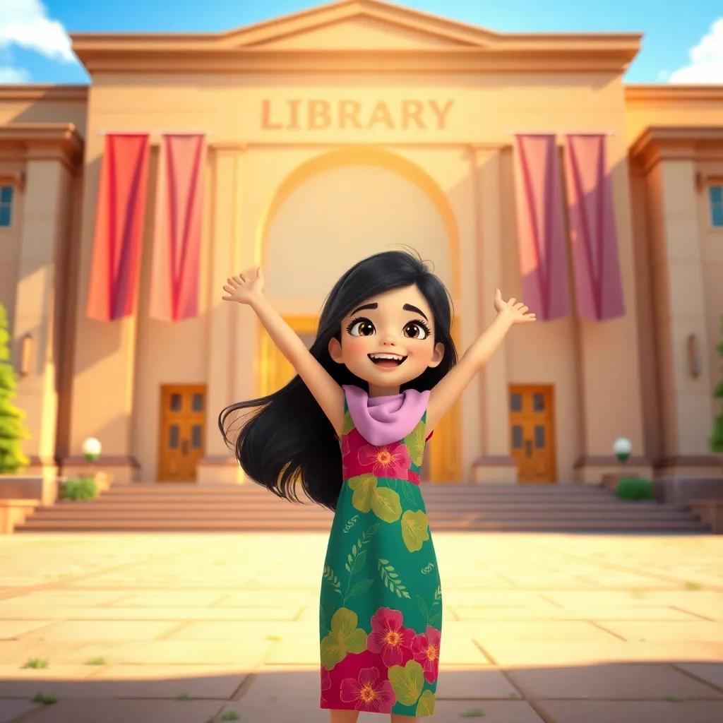 A young Arab girl, Noura, with long, dark hair, wearing a colorful dress, standing excitedly in front of a large library building with tall doors and banners, bright sunshine, digital art, cheerful atmosphere, inviting and friendly, high quality