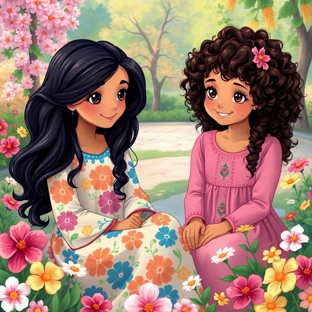 A young Arab girl, Noura, with long dark hair wearing a colorful dress, sitting with her friend Basma, a young Arab girl with curly hair, in a bright park surrounded by flowers, cheerful atmosphere, illustration, friendly, vibrant colors, engaging scene