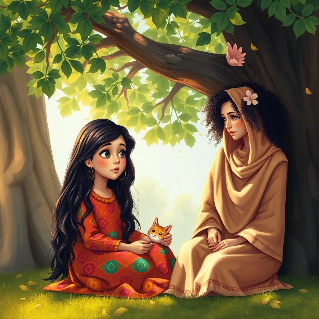Noura, a young Arab girl with long dark hair in a colorful dress, looking surprised while sitting under a big tree with her friend Basma, who has curly hair, explaining about kindness to animals, sunlight streaming through leaves, educational, warm light, detailed, heartwarming scene