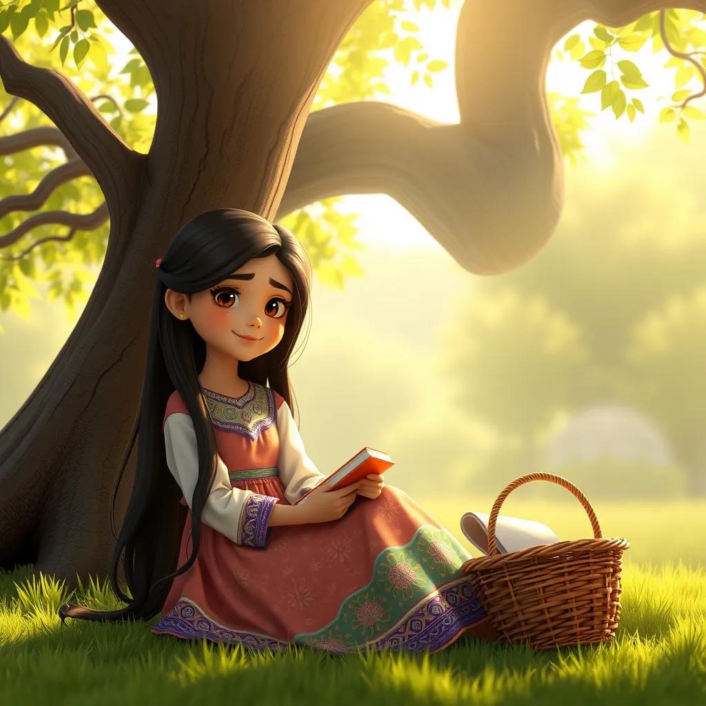 A young Arab girl, Noura, with long, dark hair, wearing a colorful dress, sitting under a large tree with books and a basket, bright morning light, inviting atmosphere, high quality