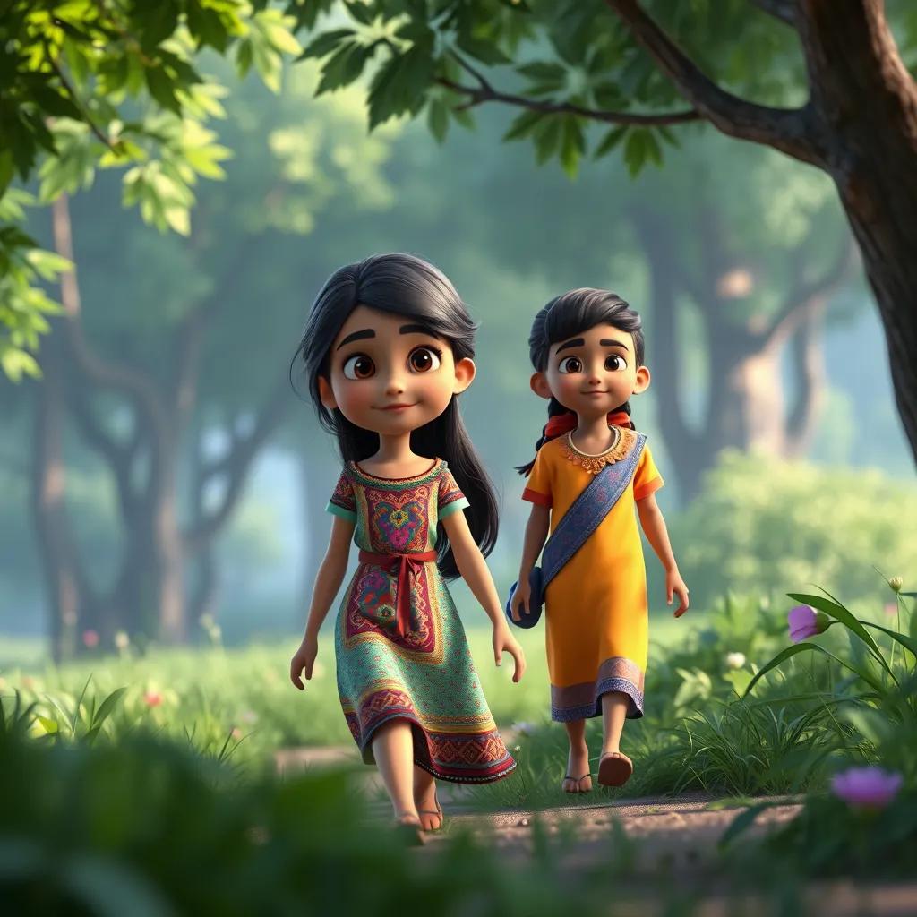 Noura, a young Arab girl, with long, dark hair, wearing a colorful dress, walking with her friend Wreefa, wearing a bright tunic, in a lush green forest, vibrant and colorful, photo-like quality