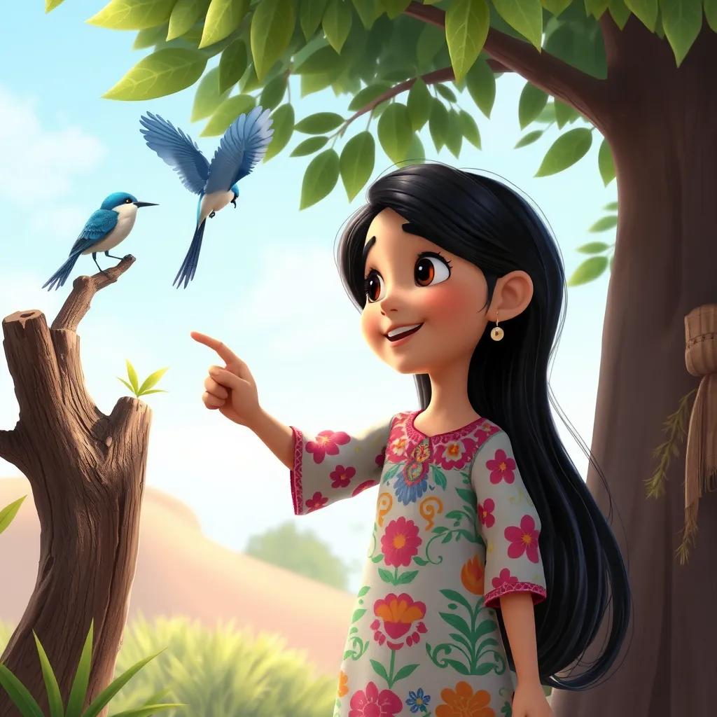 Noura, a young Arab girl, with long, dark hair, wearing a colorful dress, pointing to a beautiful blue bird perched high in a tree, Wreefa laughing beside her, lively and joyful atmosphere, digital art
