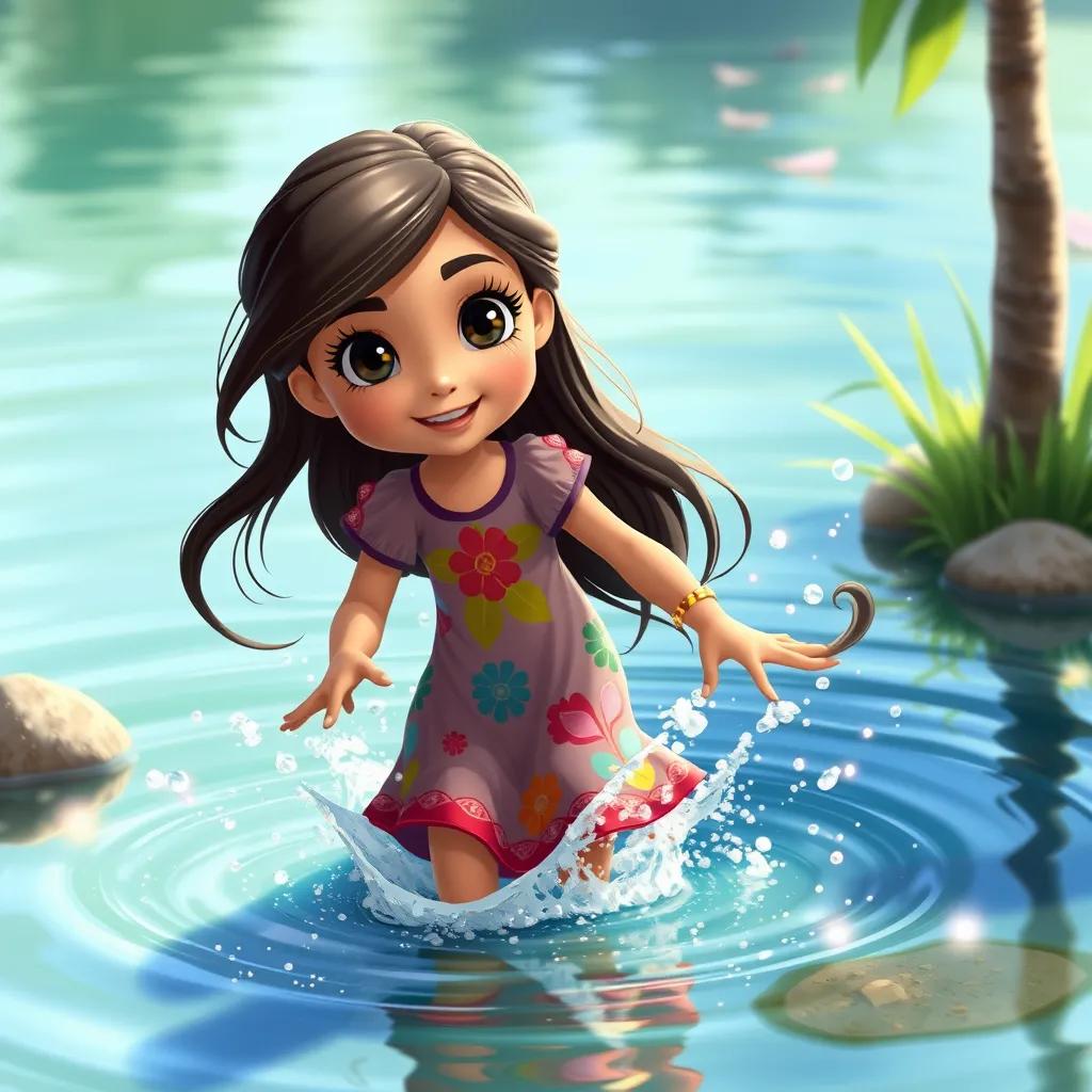 Noura, a young Arab girl, with long, dark hair, in a colorful dress, splashing in a small lake, water sparkling like jewels, Wreefa happily joining her, cheerful setting, high quality