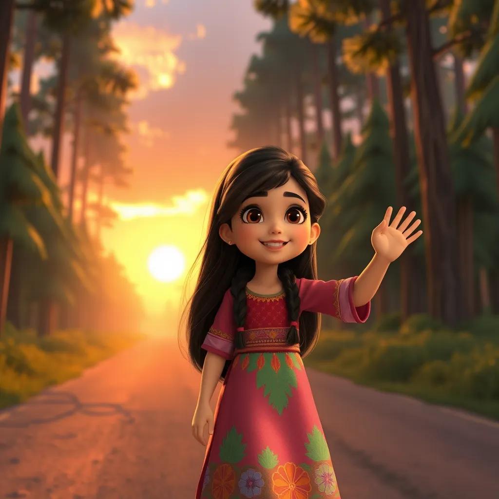 Noura, a young Arab girl, with long, dark hair, in a colorful dress, happily waving goodbye to the forest as she leaves with Wreefa, serene sunset light, warm colors, heartwarming scene