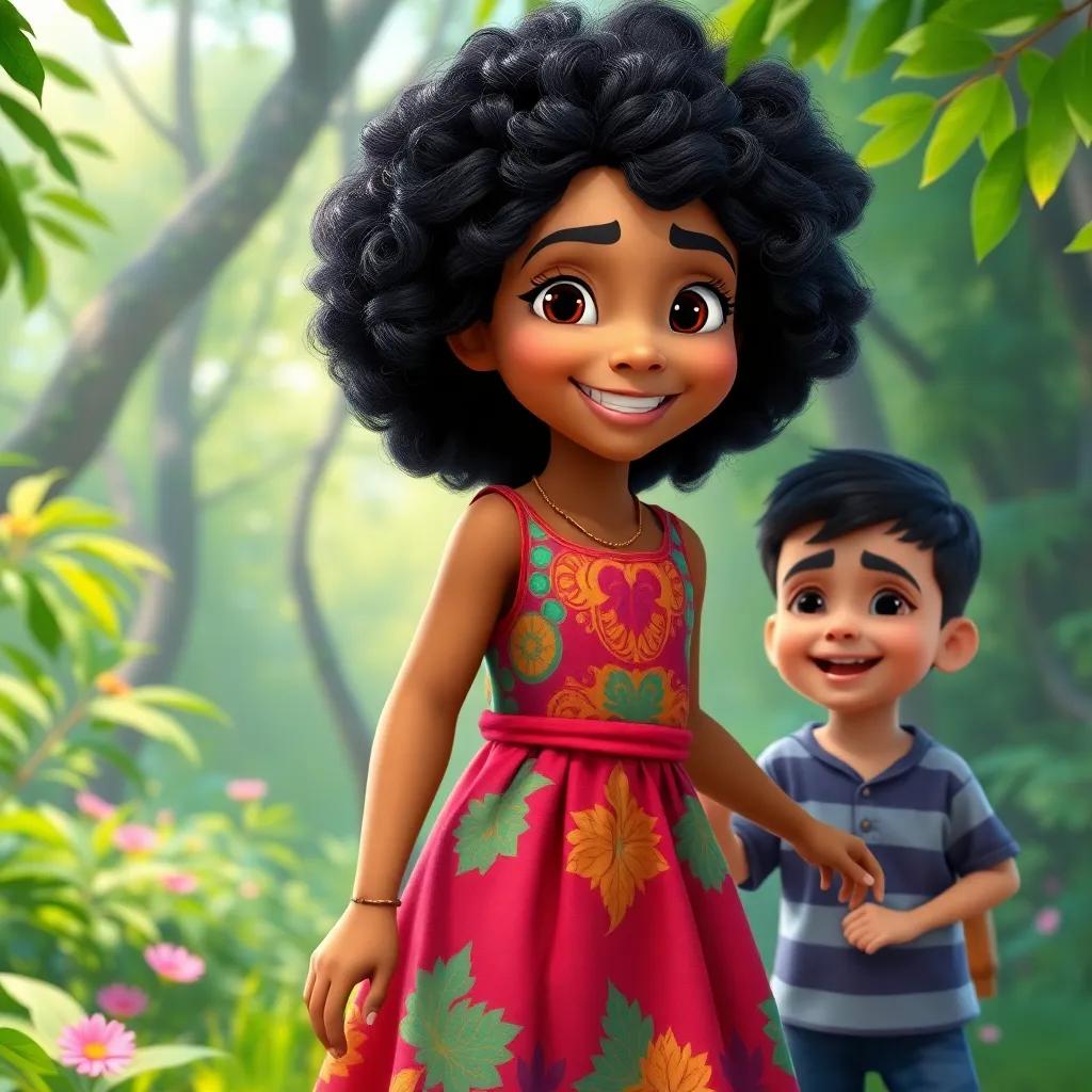 A strong and brave girl, Nourseen, with curly black hair, wearing a colorful dress, smiling and playing with her younger brother Mohammad in a vibrant green forest, digital art, cheerful atmosphere, bright colors, high-quality