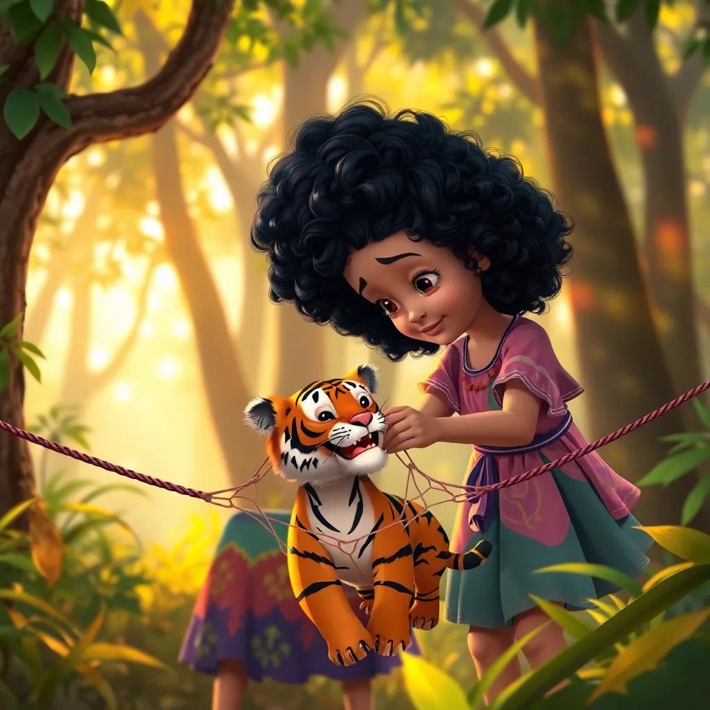 A young girl, Nourseen, with curly black hair in a colorful dress, gently freeing a small tiger caught in a net in the forest, taking a kind approach, warm sunlight filtering through the trees, illustration, vivid imagery, heroic moment