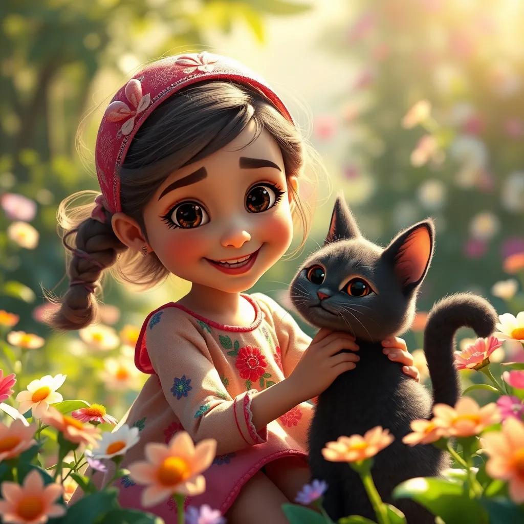 A young Arab girl, Noura, with sparkling eyes, wearing a colorful dress, happily playing with her cat, Nona, in a bright garden filled with flowers, digital art, cheerful, vibrant colors, warm sunlight, inviting atmosphere
