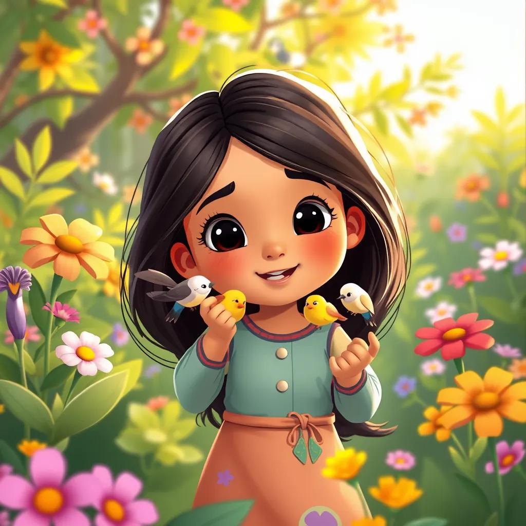 Noura, a young Arab girl, with long dark hair, wearing a playful outfit, feeding tiny birds in the garden, surrounded by lush greenery and colorful flowers, cheerful illustration, bright colors, child-friendly, warm light
