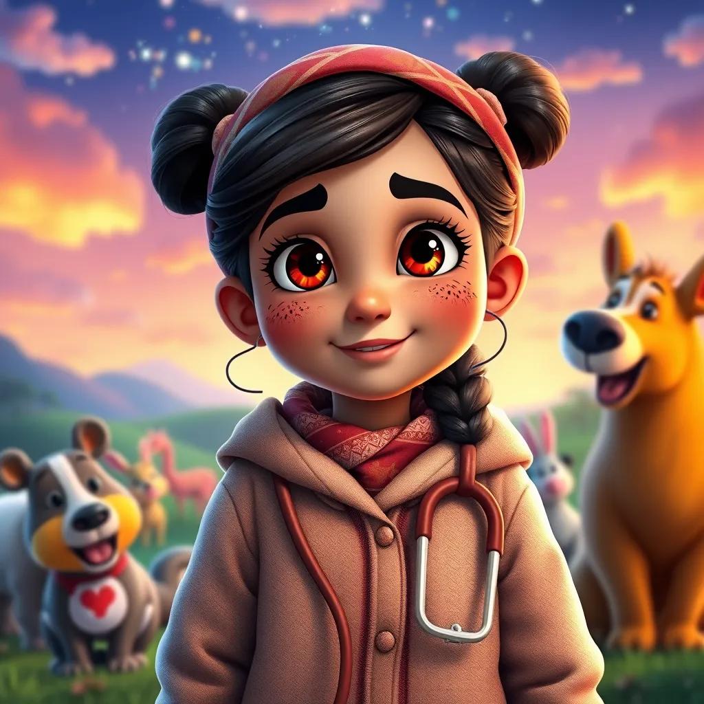 Noura, a young Arab girl with sparkling eyes, wearing a cozy outfit, imagining herself as a veterinarian in a dreamlike landscape, surrounded by happy, healthy animals, vibrant digital art, colorful, imaginative, heartwarming