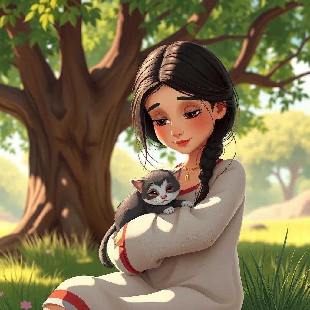 Noura, a young Arab girl, with long dark hair, in comfortable clothing, gently nursing a small sick cat in her arms under a big tree, bright and sunny day, warm colors, caring atmosphere, highly detailed illustration