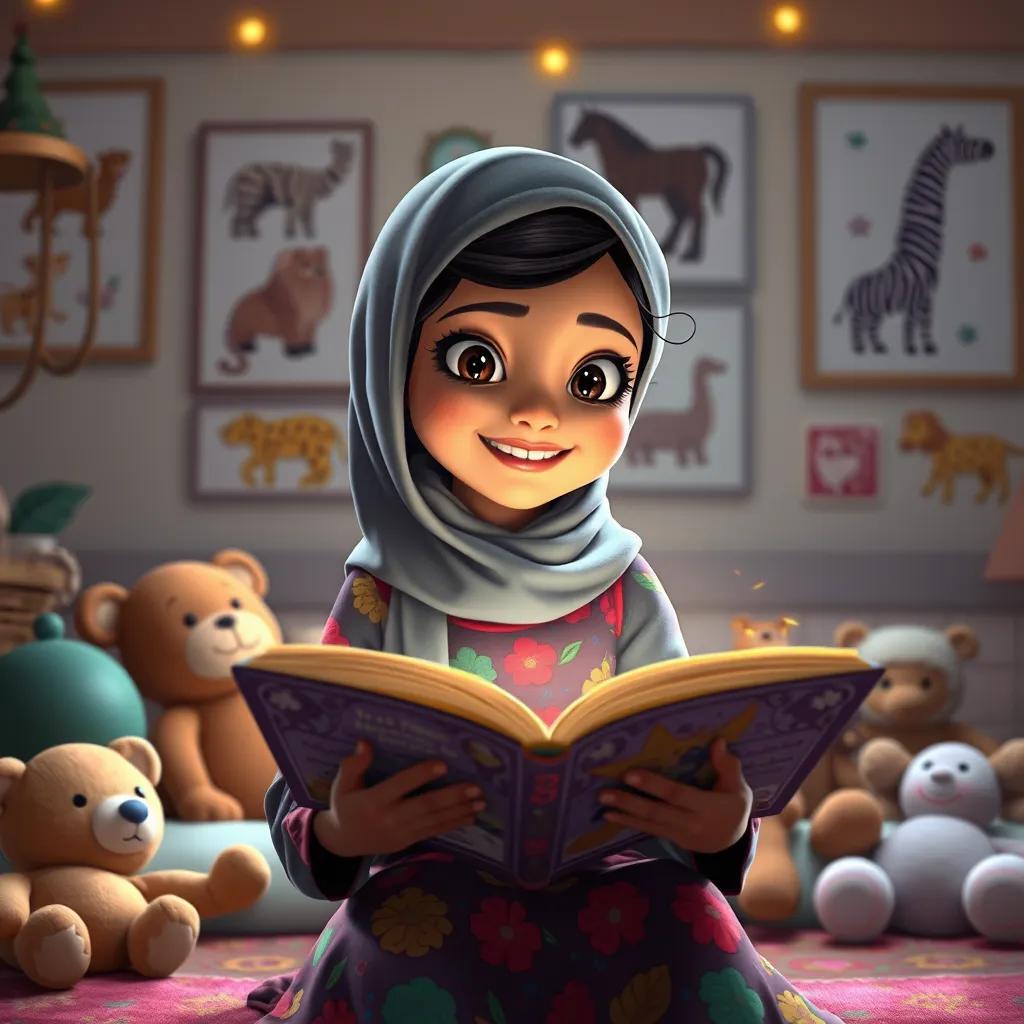 Noura, a young Arab girl with sparkling eyes, wearing a colorful dress, joyfully reading a book about animals in her room filled with stuffed animals and animal posters, cozy lighting, soft colors, inviting atmosphere, detailed art