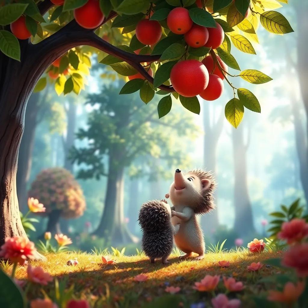 A colorful forest with sunlight shining through the trees, Noriq the hedgehog trying to reach a high fruit on a tree, vibrant colors, cheerful atmosphere, high quality.