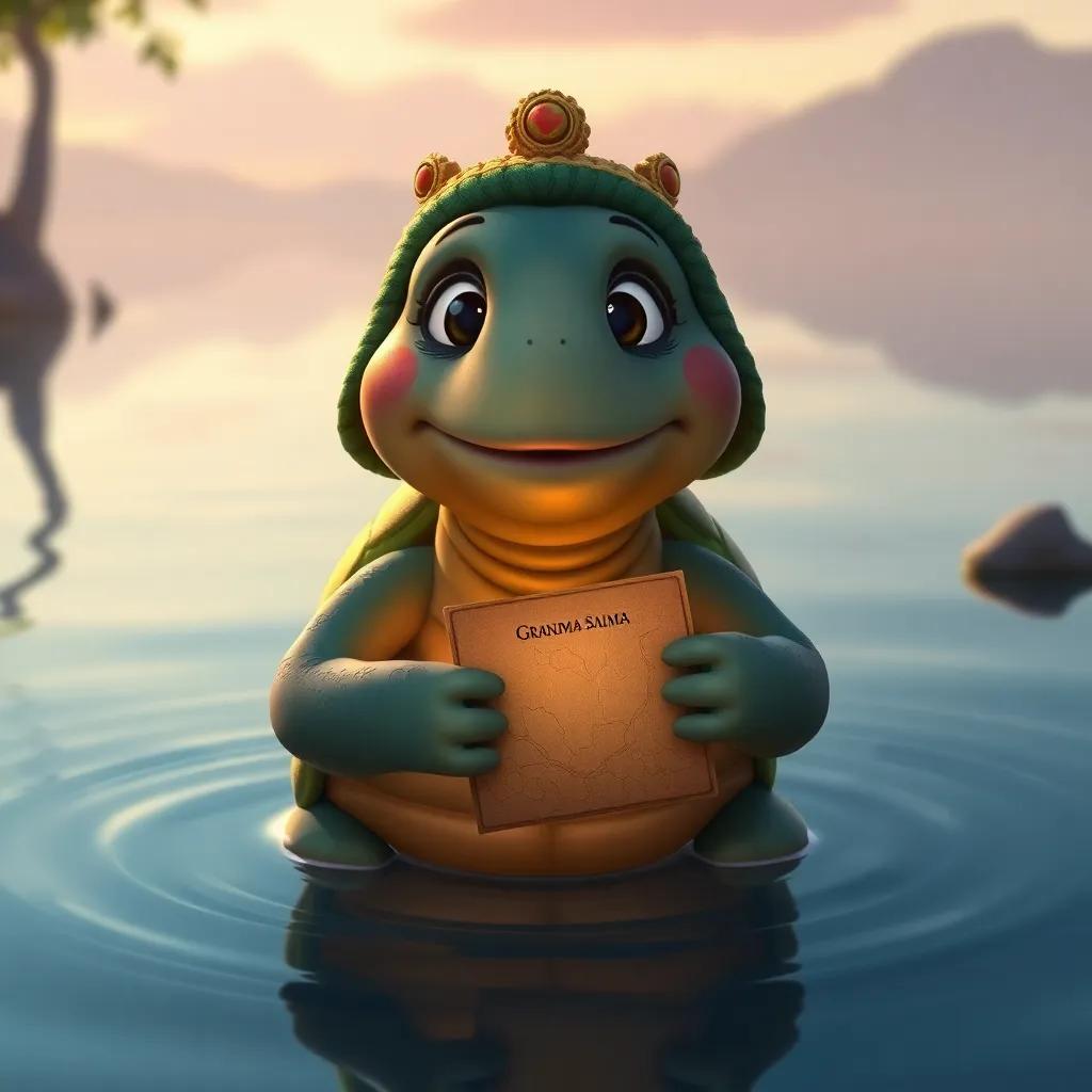 A wise turtle named Grandma Salma in a serene lakeside setting, with a warm glow around her, giving Noriq and Zizo a Leaf Map for the Wish Tree, wise expression, peaceful ambiance, high quality.