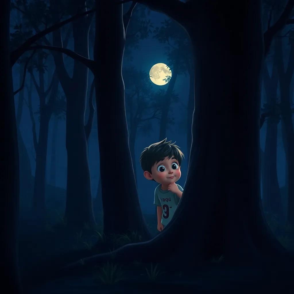A dark forest illuminated by the soft glow of the moon, with two children, Yaqub and Yaqout, hiding behind a tree, curious expressions, digital art, night scene, mystical atmosphere, high quality