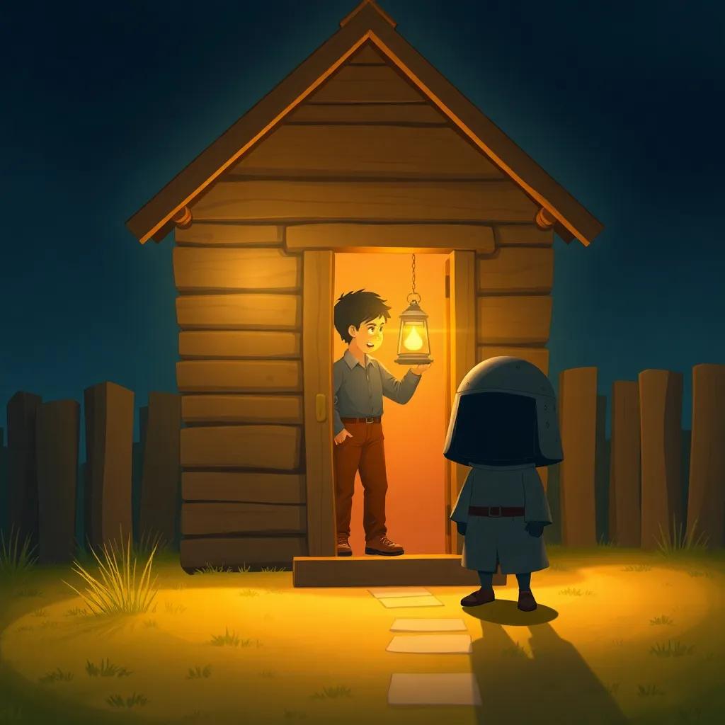 A small wooden house glowing softly, with a nervous man inside holding a lantern, while a shadowy figure resembling a small child with an oversized helmet stands nearby, tension in the air, illustration, warm light, detailed, high quality