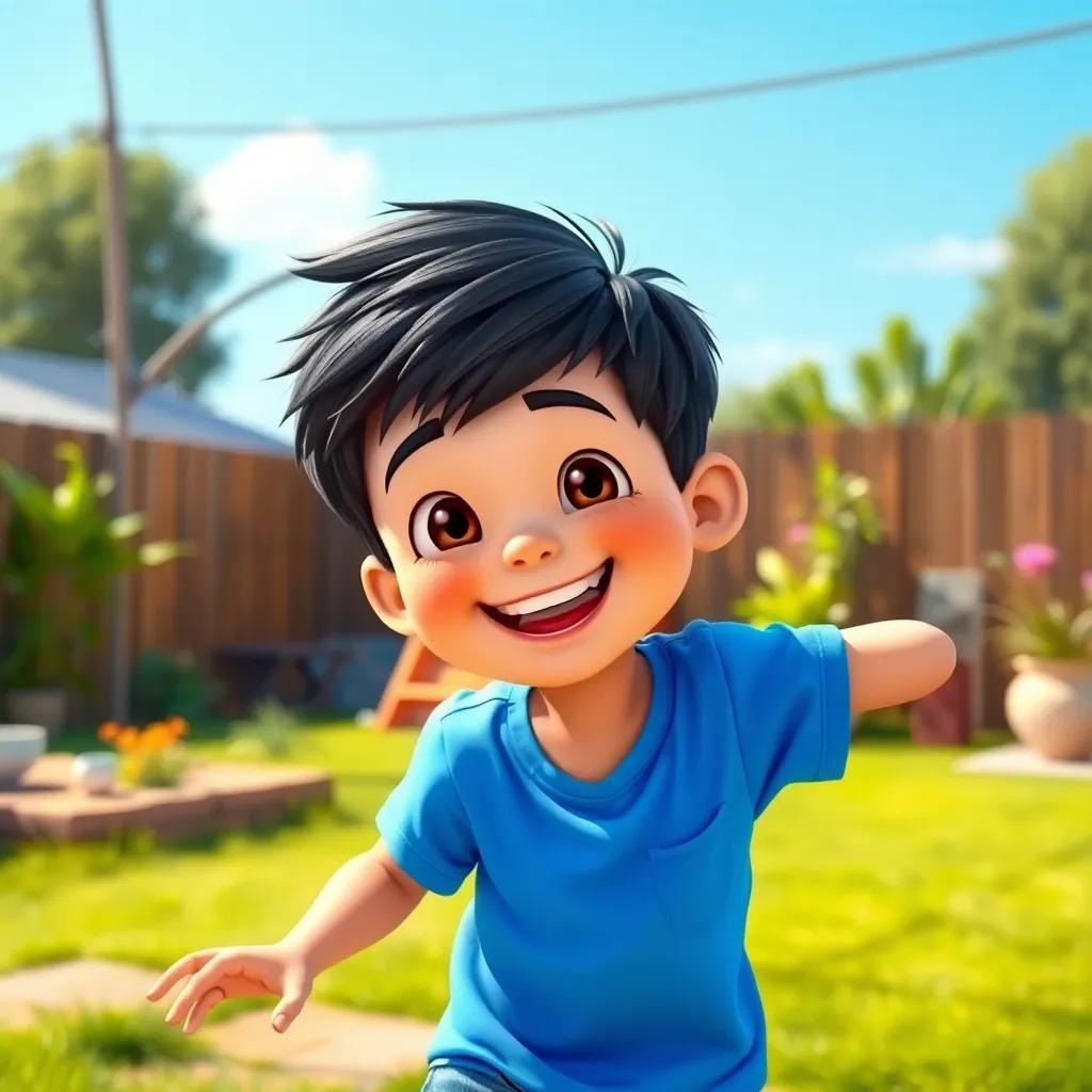 A cheerful young boy, Salim, with short black hair wearing a blue t-shirt and jeans, playing happily in a sunny backyard, digital art, bright colors, joyful atmosphere, high quality