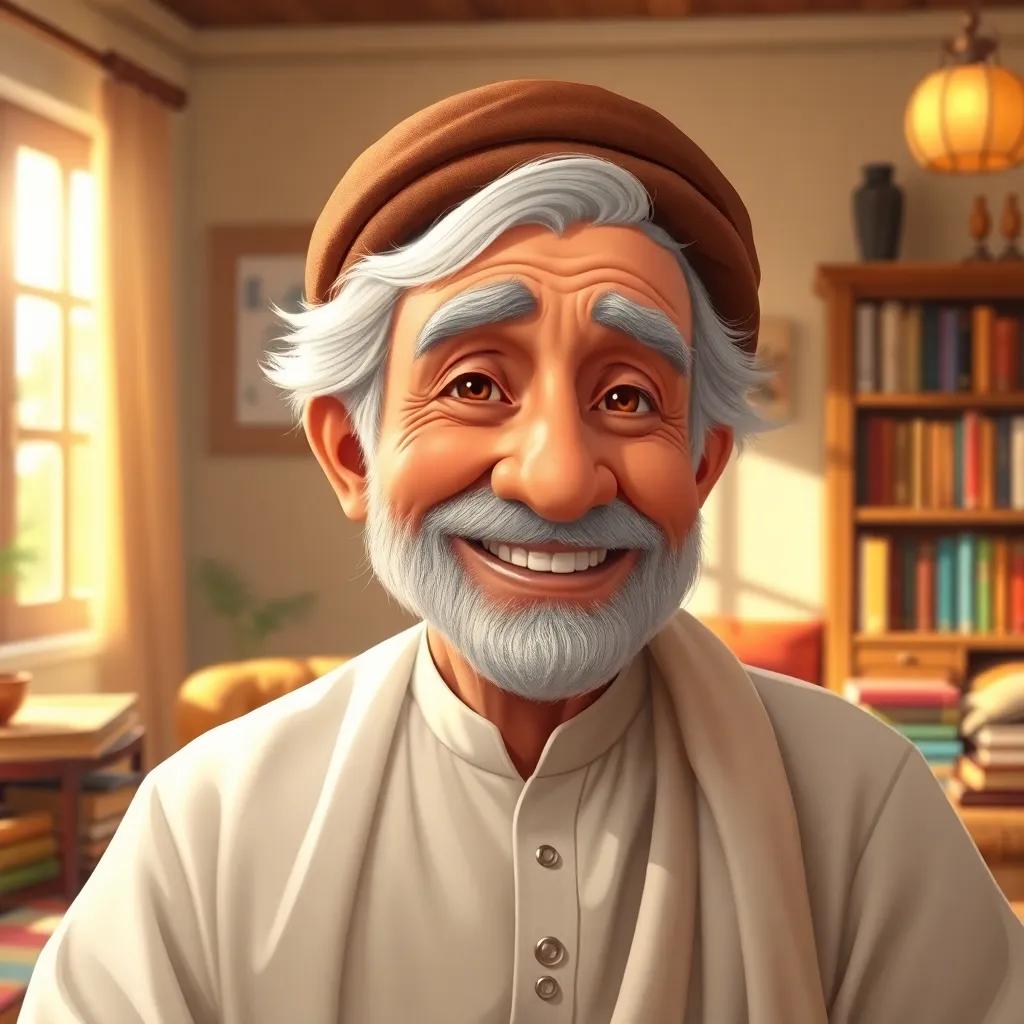 An elderly man, Salih, with gray hair wearing a traditional white thawb and a brown prayer cap, smiling in a cozy living room filled with books and sunlight, vibrant and warm, storytelling mood