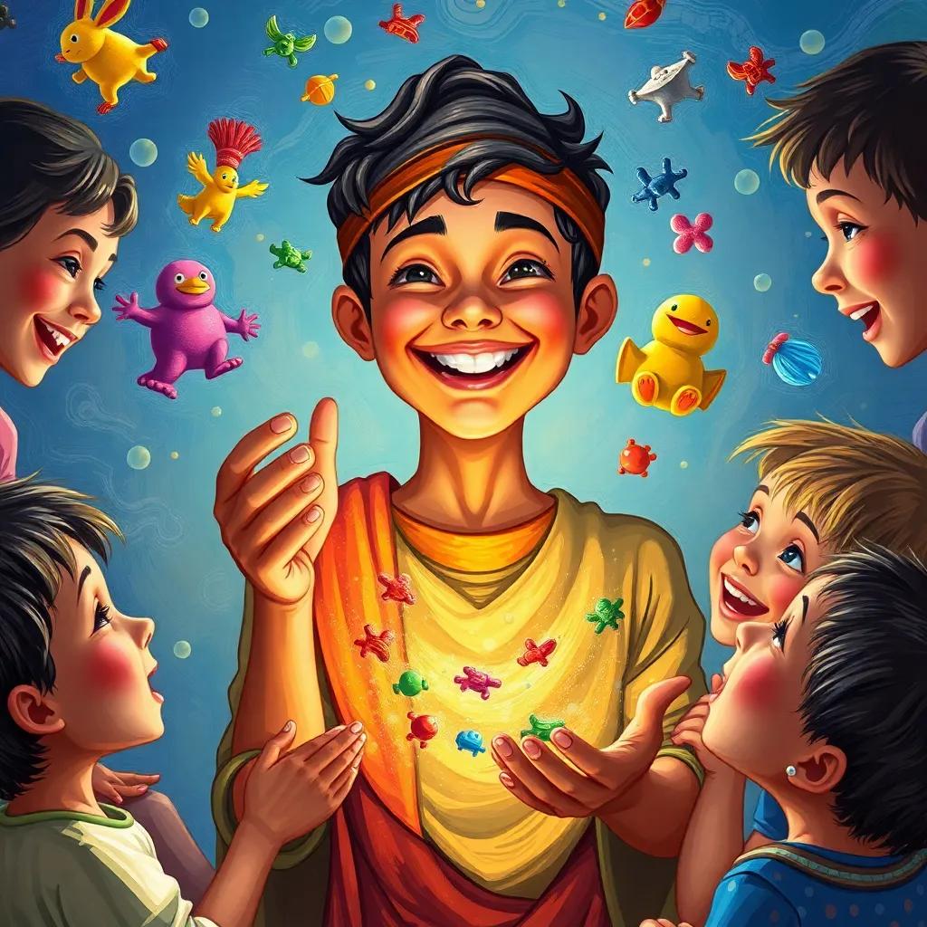 Nour, a young Egyptian boy, smiling while surrounded by children, showing them his magical ability, with colorful toys floating in the air, happy expressions, vibrant setting, joyful scene, heartwarming vibe, digital art, high quality