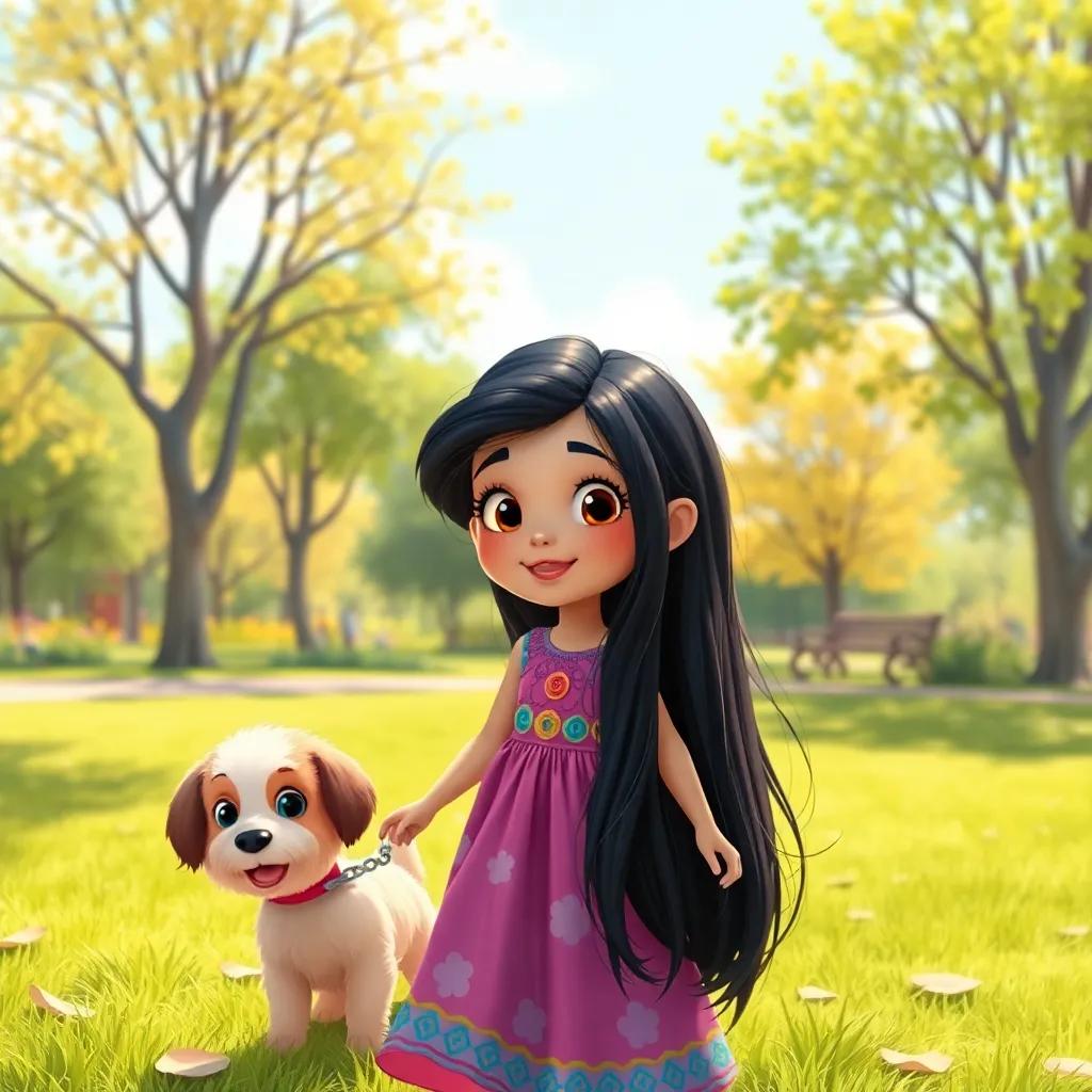 A young Arab girl, نور, with long black hair, wearing a colorful dress, playing in a sunny park with a small fluffy dog, cheerful atmosphere, bright colors, child-friendly, digital art, high quality