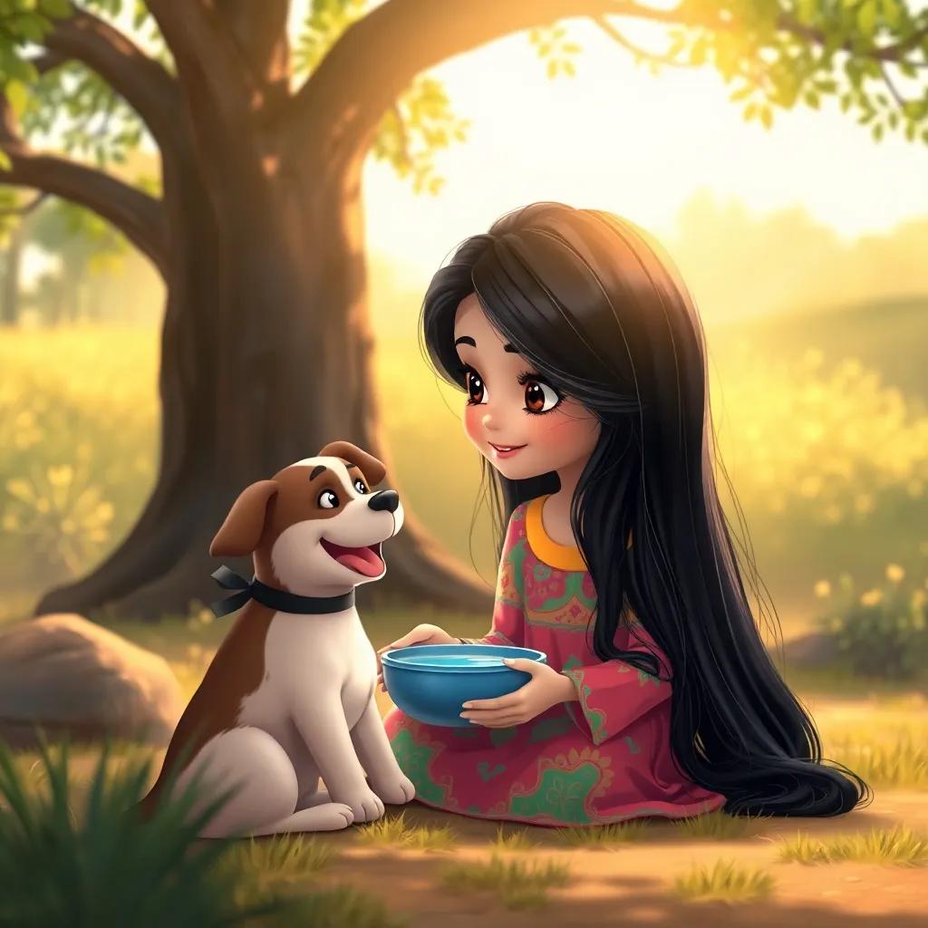 نور, a young Arab girl with long black hair in a colorful dress, sitting under a big tree, holding a bowl of water for her happy dog, warm light, inviting scene, storytelling view, peaceful