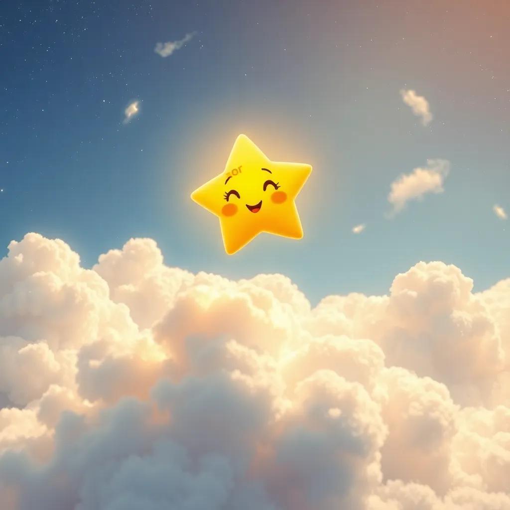 A small star named Noor, shining brightly in the sky with a cute smile, floating playfully among fluffy clouds, digital painting, vibrant colors, joyful, child-friendly