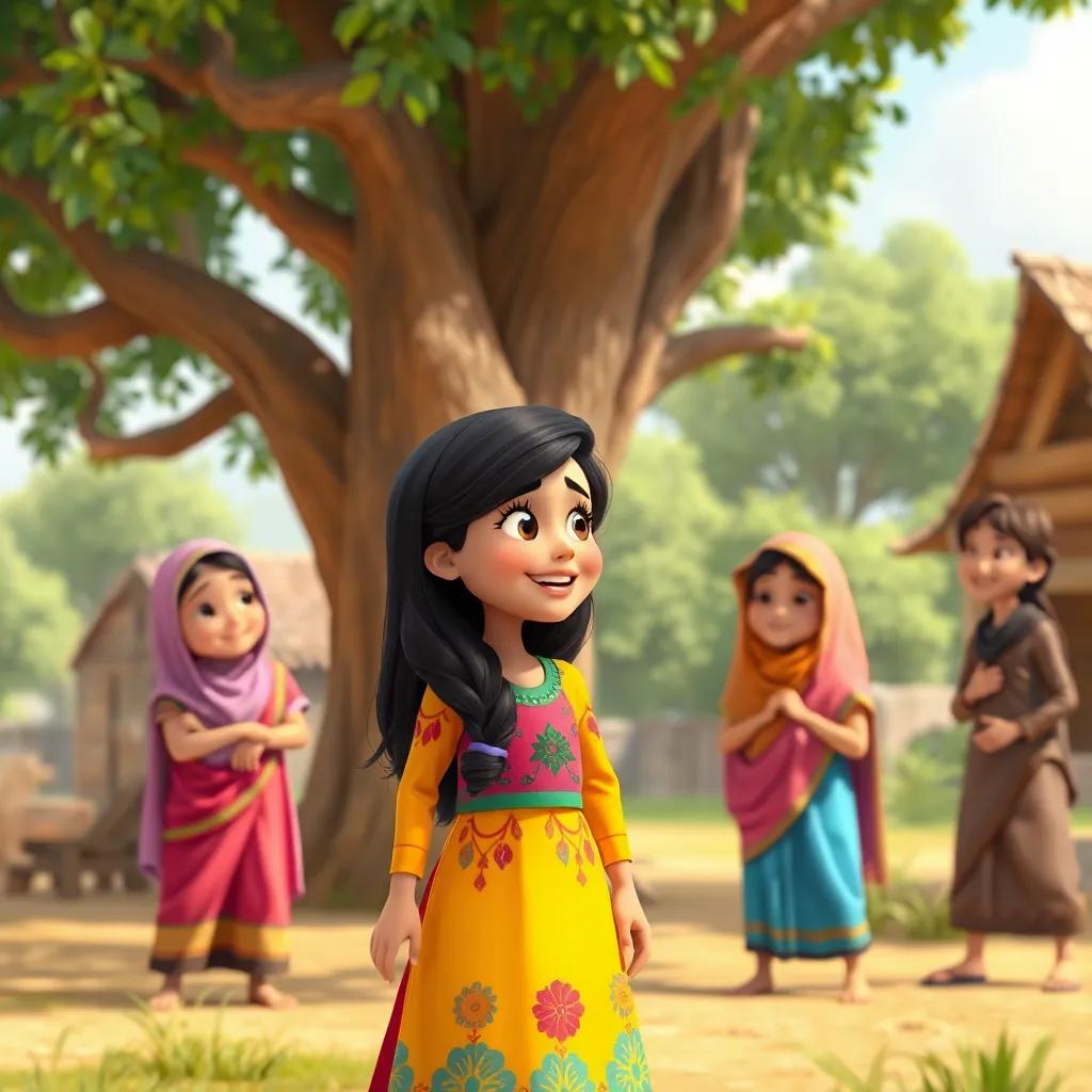 A young Arab girl, Noor Al-Huda, with long dark hair, wearing a bright colorful dress, talking passionately to her friends under a big tree in a village, cheerful, digital art, vibrant colors, friendly atmosphere, high quality