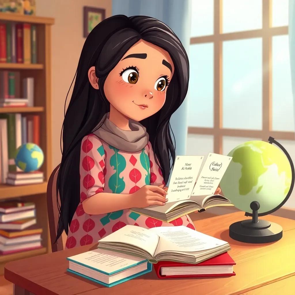 Noor Al-Huda, a young Arab girl with long dark hair in a colorful dress, studying with English flashcards on a wooden table in her cozy room with books and a globe around her, warm light, thoughtful expression, illustration, encouraging and inspiring scenery
