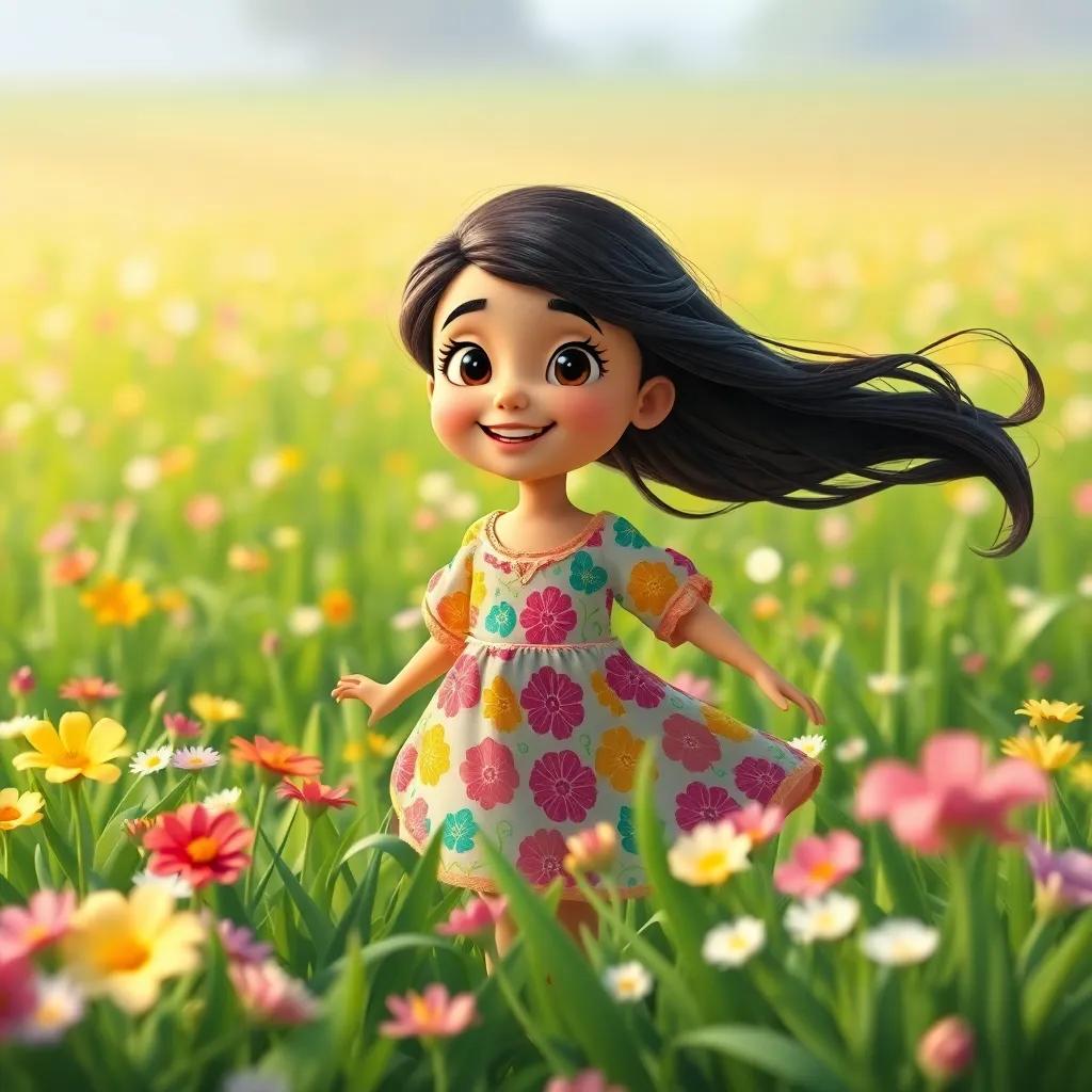 A young Arab girl, نور, with long black hair and wearing a colorful dress, playing in a vibrant green field filled with flowers, cheerful atmosphere, digital art, bright colors, lively mood, high quality